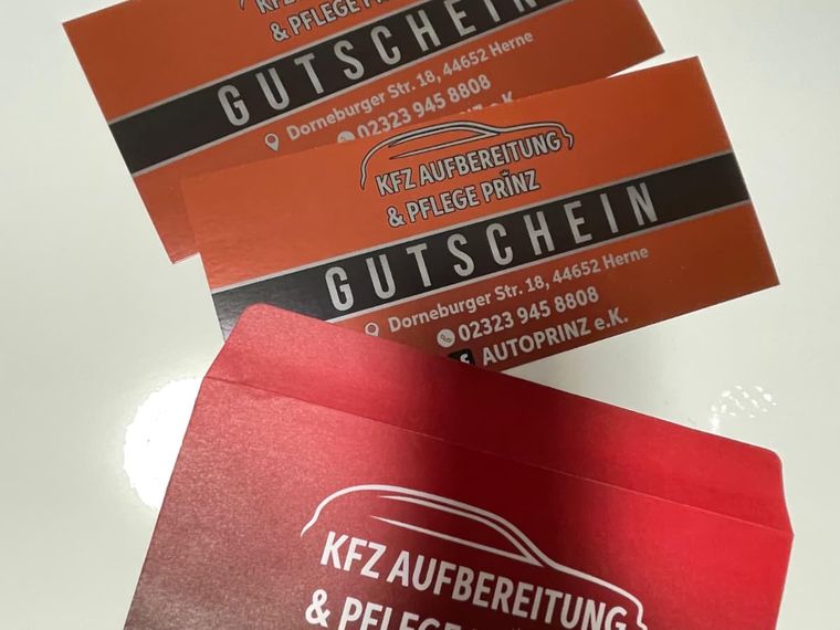 KFZ Aufbereitung & Pflege Prinz &ndash; Gutscheinkarten im Digitaldruck